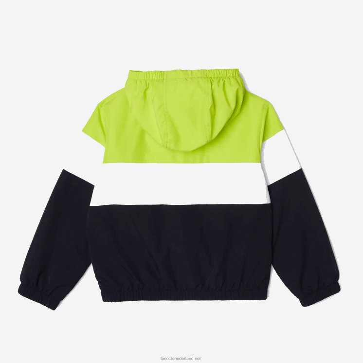 Lacoste jack met capuchon van gerecycled polyester met rits 0828H3054 marineblauw wit geel erv kinderen