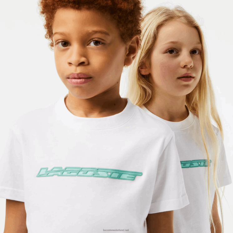 Lacoste katoenen jersey t-shirt met contrastmarkering 0828H3014 wit 001 kinderen