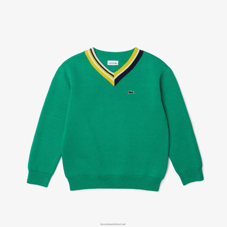 Lacoste katoenen trui met contrasterende gestreepte hals 0828H3283 groen wit ec1 kinderen