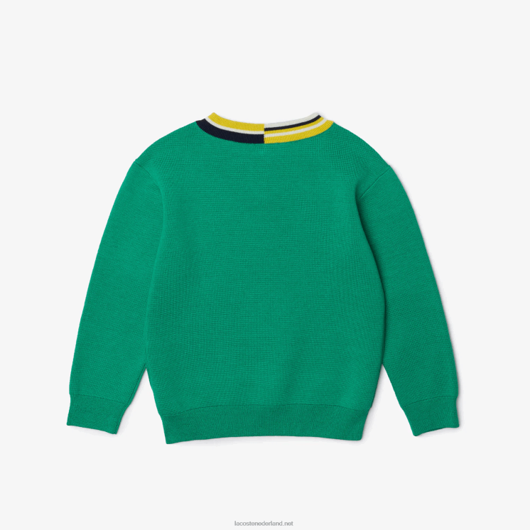 Lacoste katoenen trui met contrasterende gestreepte hals 0828H3283 groen wit ec1 kinderen