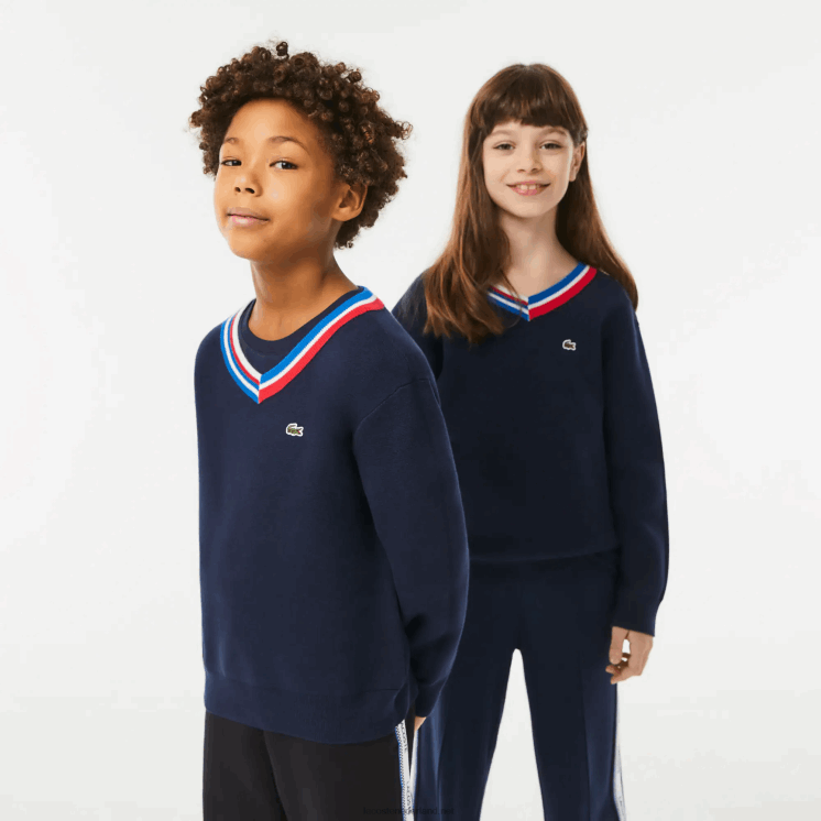 Lacoste katoenen trui met contrasterende gestreepte hals 0828H3284 marineblauw wit qrn kinderen