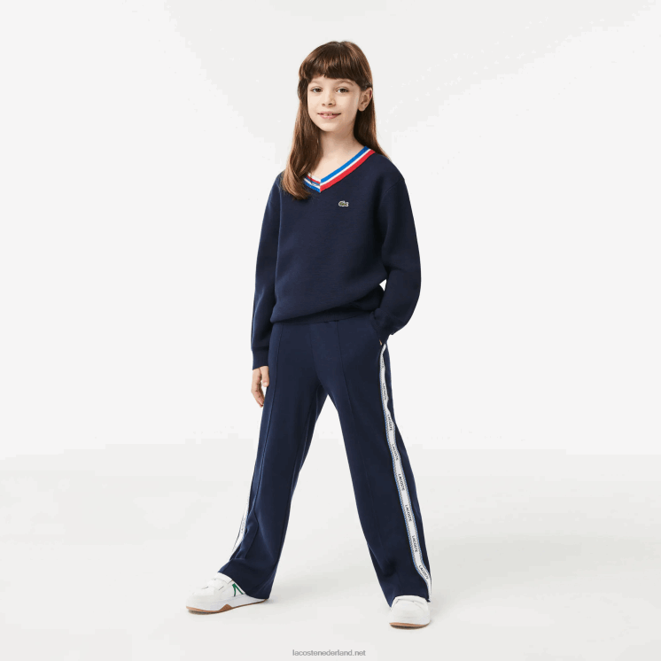 Lacoste katoenen trui met contrasterende gestreepte hals 0828H3284 marineblauw wit qrn kinderen