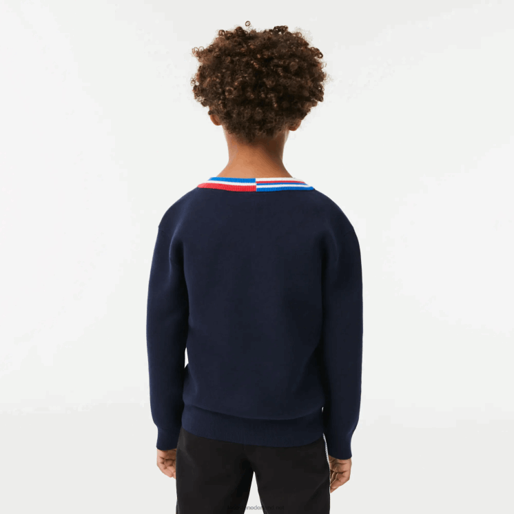 Lacoste katoenen trui met contrasterende gestreepte hals 0828H3284 marineblauw wit qrn kinderen