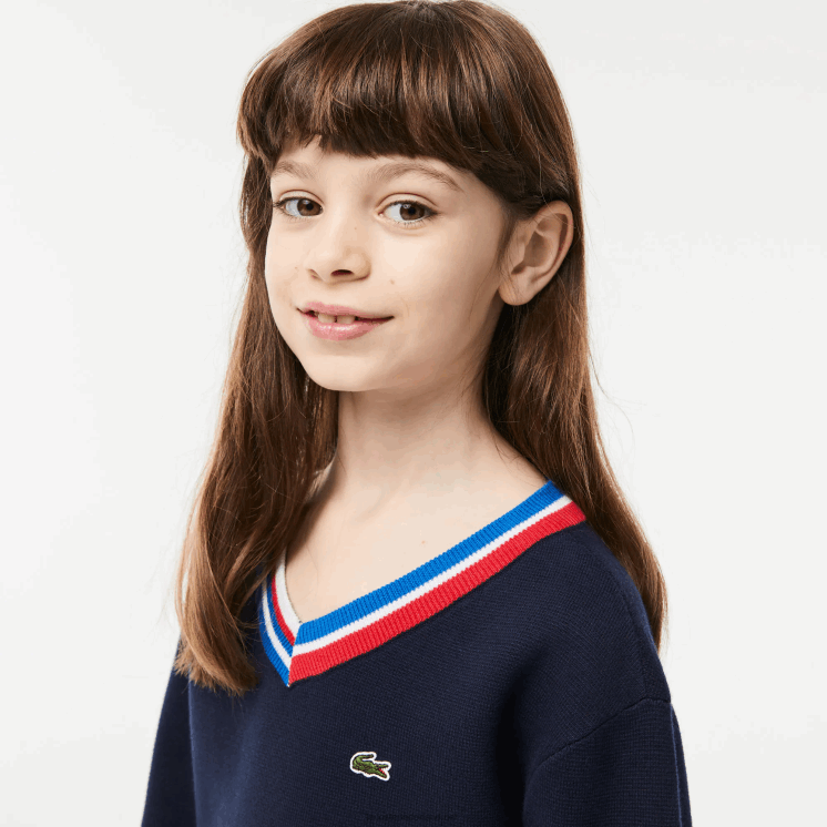 Lacoste katoenen trui met contrasterende gestreepte hals 0828H3284 marineblauw wit qrn kinderen