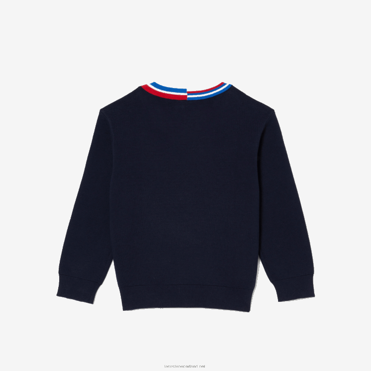 Lacoste katoenen trui met contrasterende gestreepte hals 0828H3284 marineblauw wit qrn kinderen