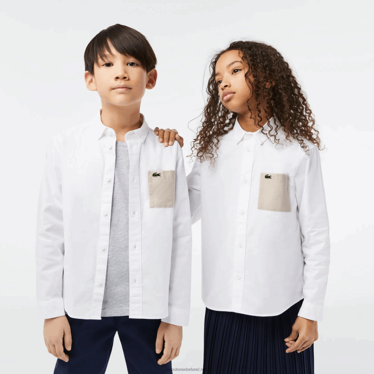 Lacoste overhemd met contrasterende zak 0828H3080 wit beige nb kinderen