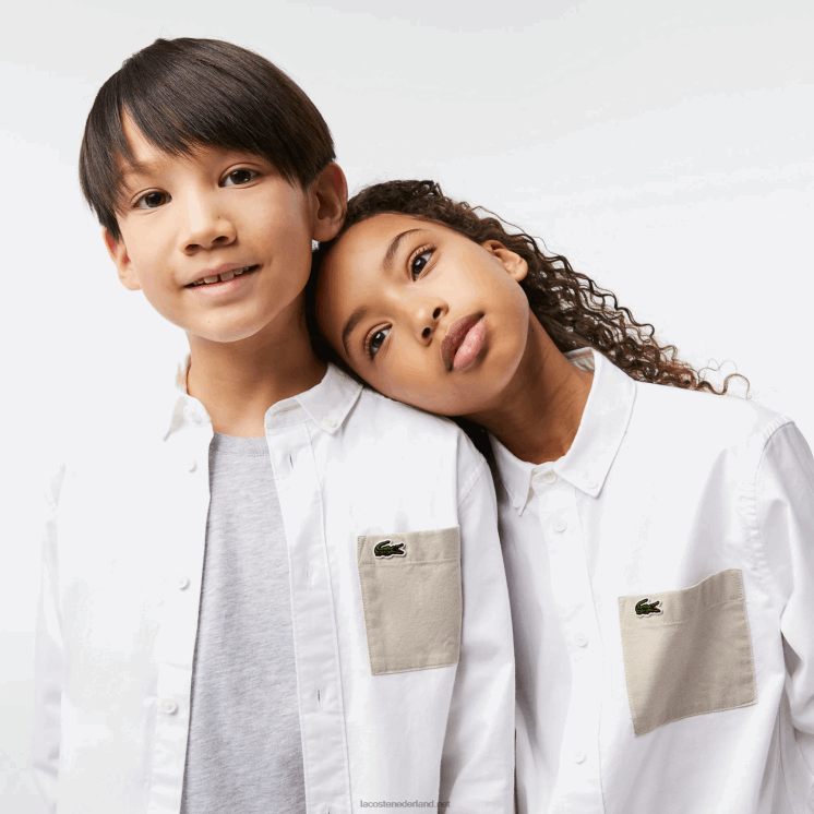 Lacoste overhemd met contrasterende zak 0828H3080 wit beige nb kinderen