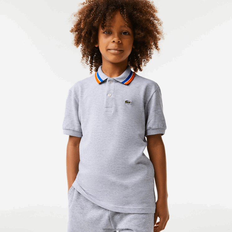 Lacoste petit piqué polo van katoen met driekleurige kraag 0828H2953 grijs chine wit w9d jongens