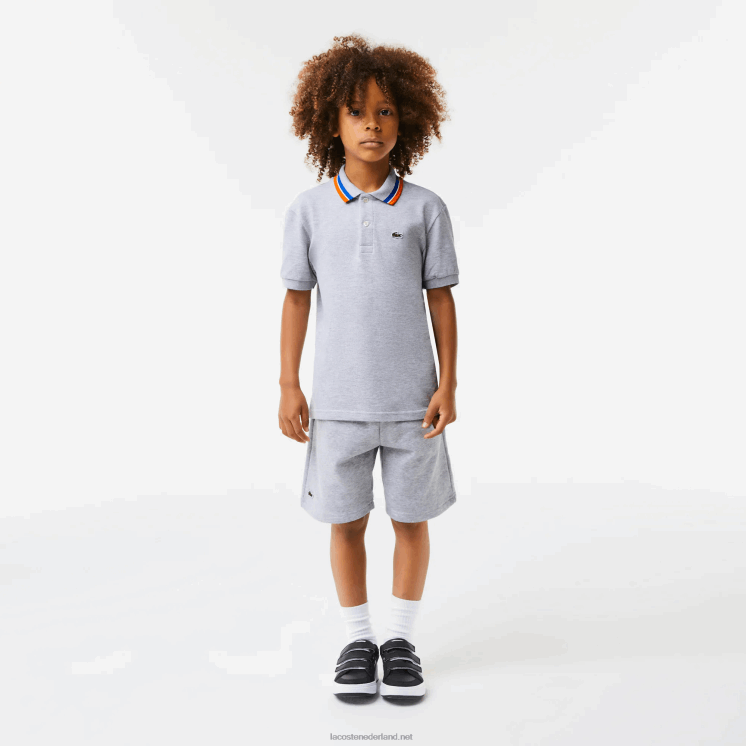 Lacoste petit piqué polo van katoen met driekleurige kraag 0828H2953 grijs chine wit w9d jongens