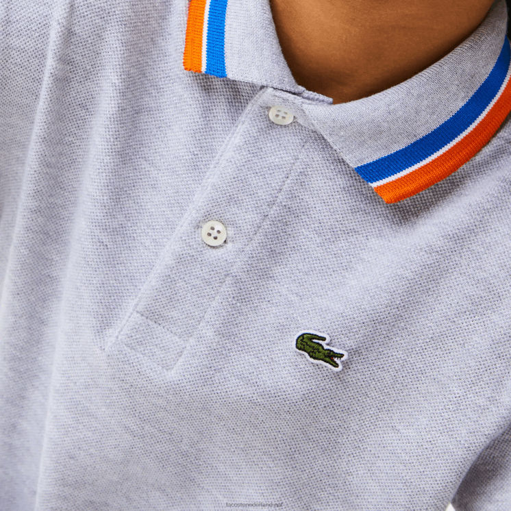 Lacoste petit piqué polo van katoen met driekleurige kraag 0828H2953 grijs chine wit w9d jongens
