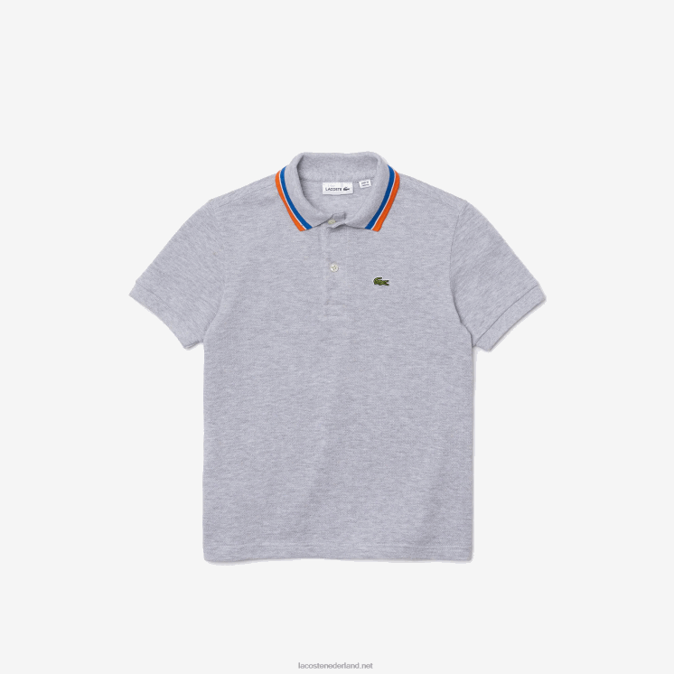 Lacoste petit piqué polo van katoen met driekleurige kraag 0828H2953 grijs chine wit w9d jongens