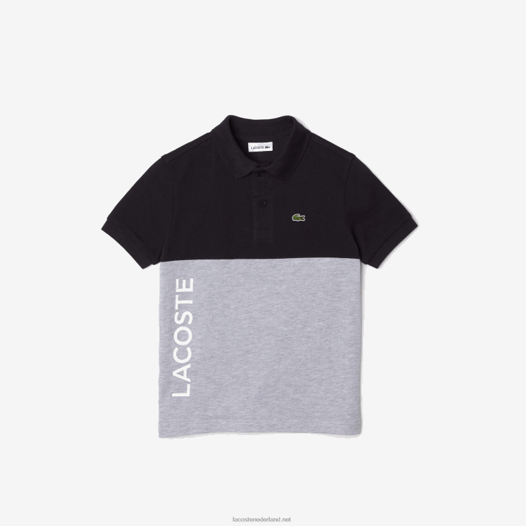 Lacoste polo van piqué van biologisch katoen met kleurvlakken 0828H3038 marineblauw grijs chine e6a kinderen