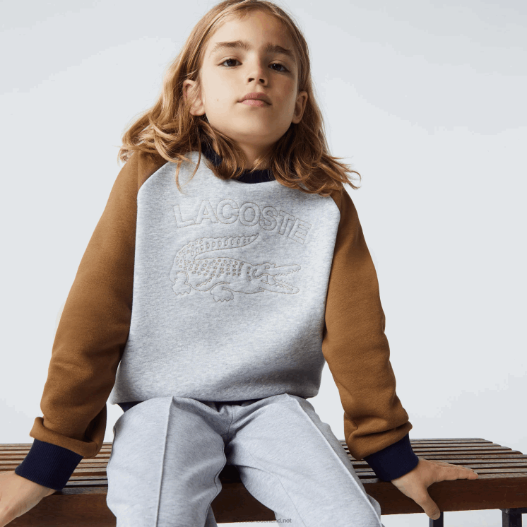 Lacoste sweatshirt met kleurvlakken en merknaam 0828H3195 grijs chine bruin marineblauw ne1 jongens