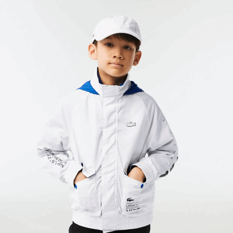Lacoste waterafstotende jas met afneembare capuchon 0828H3240 wit blauw zwart 9cw kinderen