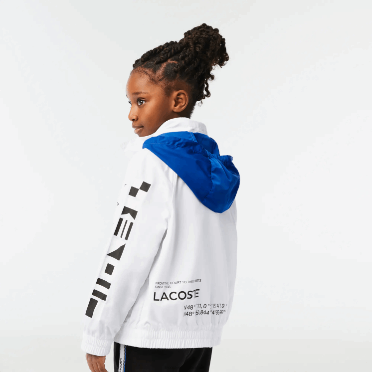 Lacoste waterafstotende jas met afneembare capuchon 0828H3240 wit blauw zwart 9cw kinderen