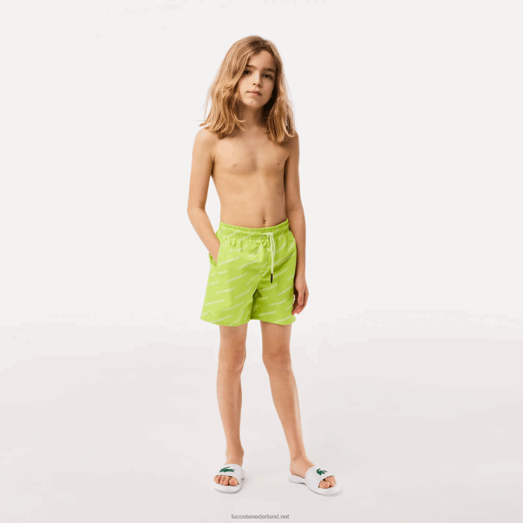 Lacoste zwembroek van gerecycled polyester met print 0828H3109 geel wit 9zv jongens