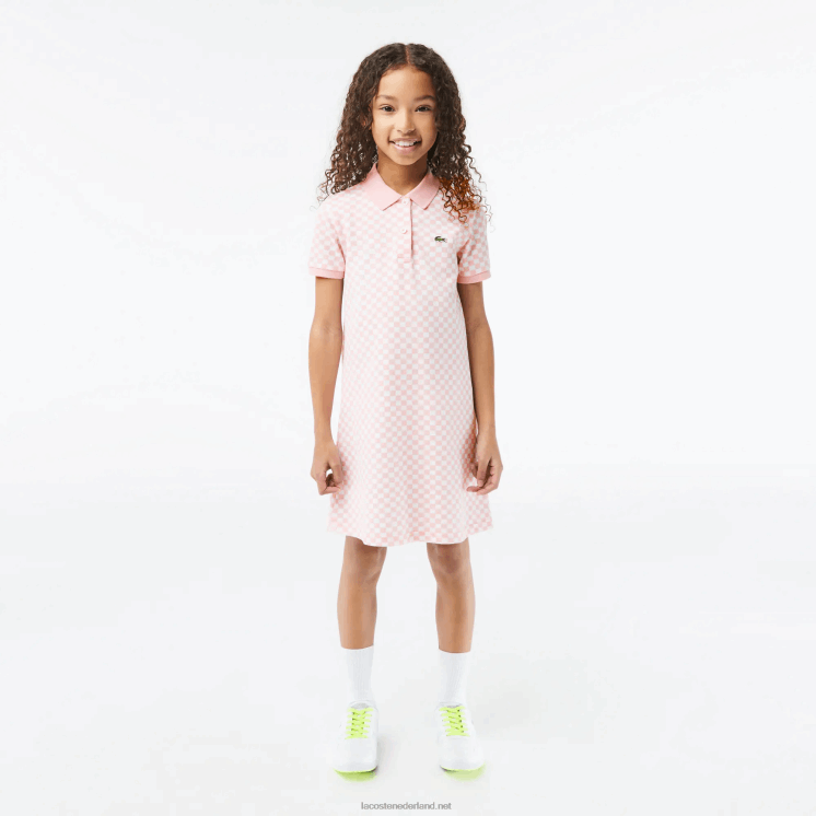 Lacoste Geruite polojurk van biologisch katoen 0828H3093 roze wit nw5 meisjes