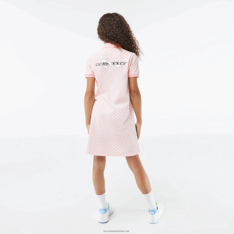 Lacoste Geruite polojurk van biologisch katoen 0828H3093 roze wit nw5 meisjes