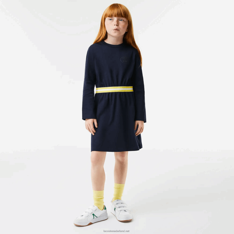 Lacoste katoenen jersey jurk met contrasterende taille 0828H3270 marineblauw 166 meisjes