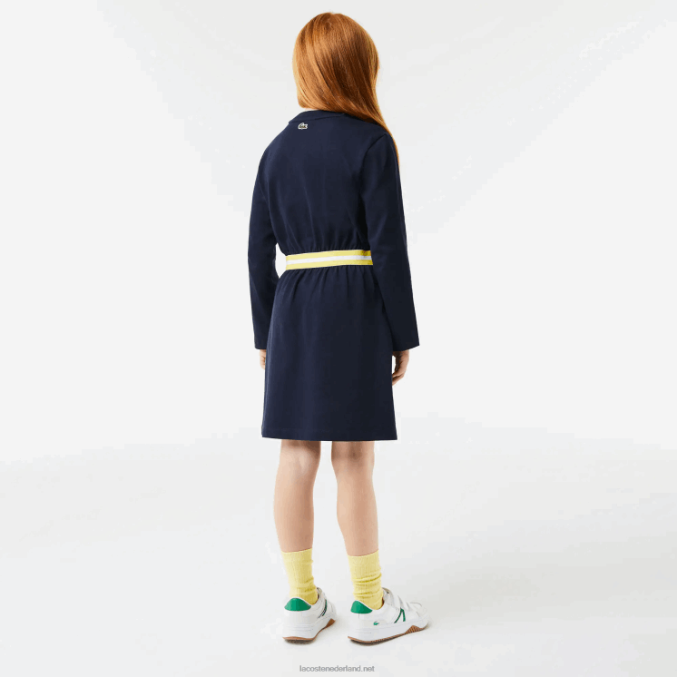 Lacoste katoenen jersey jurk met contrasterende taille 0828H3270 marineblauw 166 meisjes