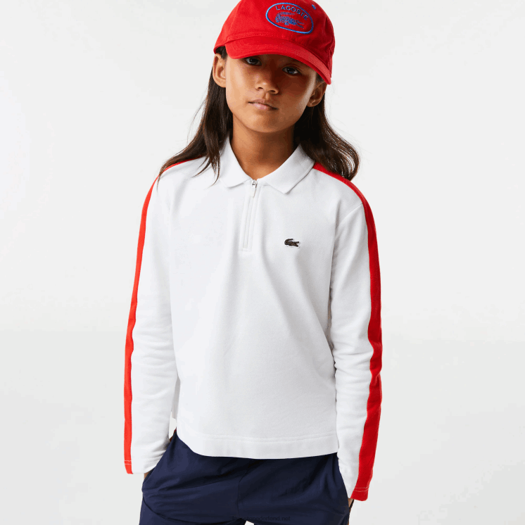 Lacoste polo met contrasterende band en ritssluiting 0828H3144 wit rood 7hu meisjes