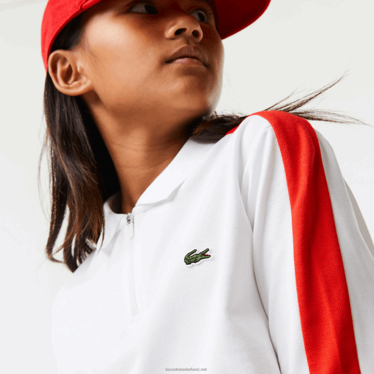 Lacoste polo met contrasterende band en ritssluiting 0828H3144 wit rood 7hu meisjes