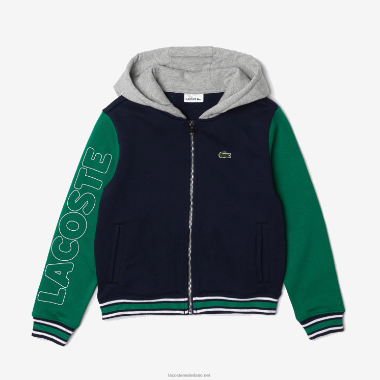 Lacoste Heritage colorblock fleece sportjack met capuchon 0828H3267 marine grijs chine groen wit jxx kinderen