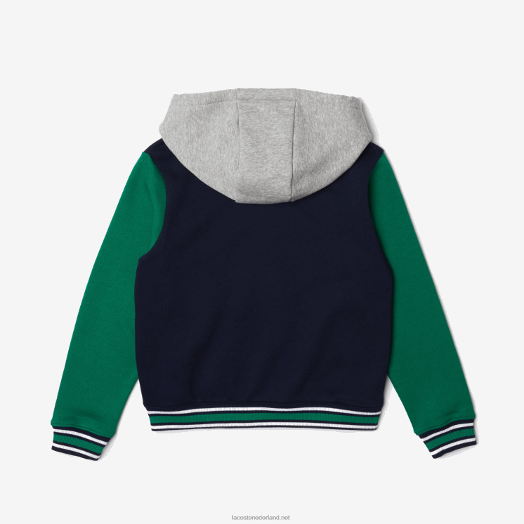 Lacoste Heritage colorblock fleece sportjack met capuchon 0828H3267 marine grijs chine groen wit jxx kinderen