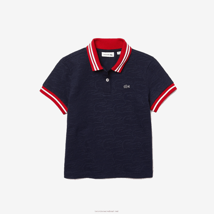 Lacoste Pique polo met krokodillenborduurwerk 0828H3164 marineblauw rood wit gtf meisjes