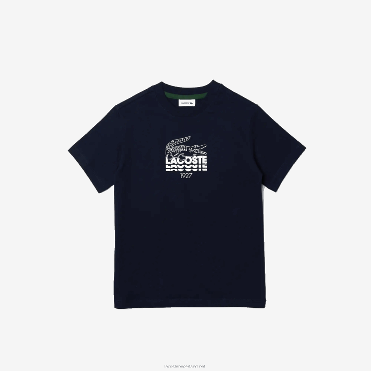 Lacoste katoenen T-shirt met ronde hals en krokodillenbelettering 0828H3118 marineblauw 166 jongens