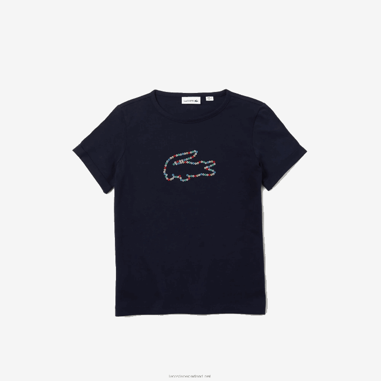 Lacoste katoenen T-shirt met ronde hals en krokodillenleer 0828H3175 marineblauw 166 meisjes