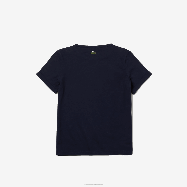 Lacoste katoenen T-shirt met ronde hals en krokodillenleer 0828H3175 marineblauw 166 meisjes