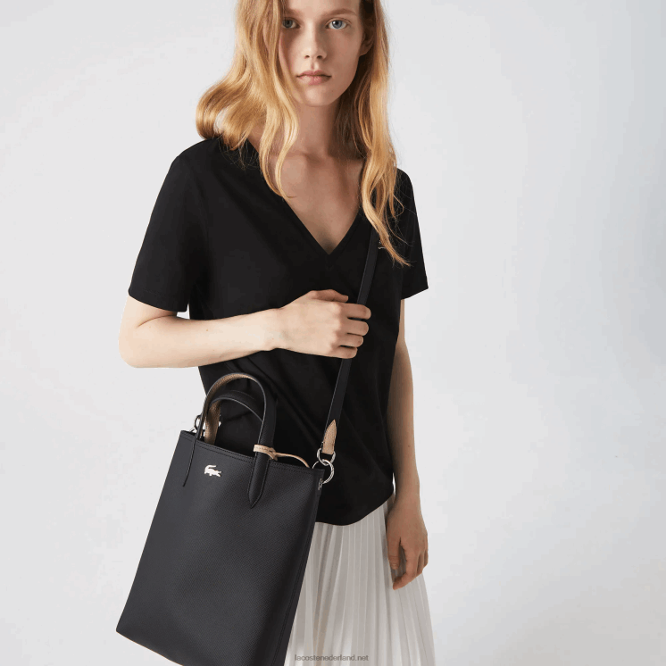 Lacoste anna omkeerbare draagtas van gecoat canvas 0828H2830 zwarte krema a91 vrouwen