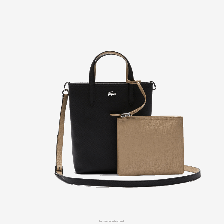 Lacoste anna omkeerbare draagtas van gecoat canvas 0828H2830 zwarte krema a91 vrouwen