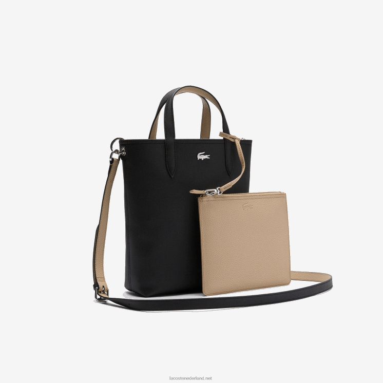 Lacoste anna omkeerbare draagtas van gecoat canvas 0828H2830 zwarte krema a91 vrouwen