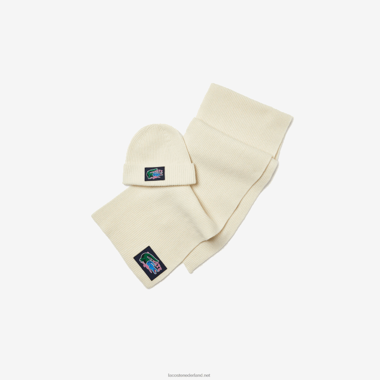 Lacoste Geribbelde wollen muts en sjaal cadeauset 0828H1690 witte xfj vrouwen