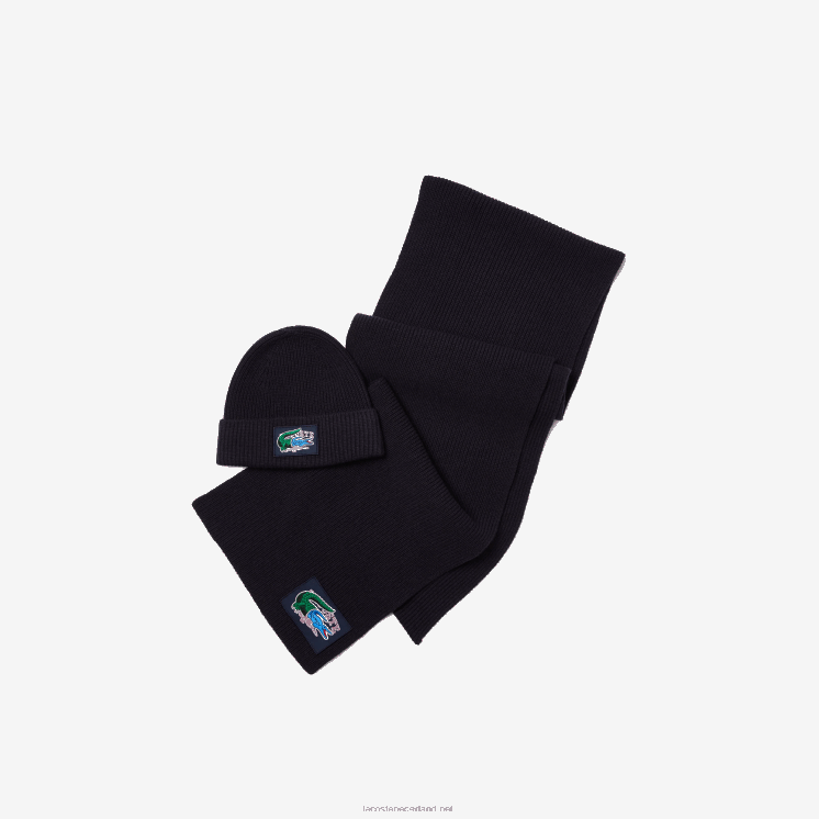 Lacoste Geribbelde wollen muts en sjaal cadeauset 0828H1691 marineblauw 166 vrouwen