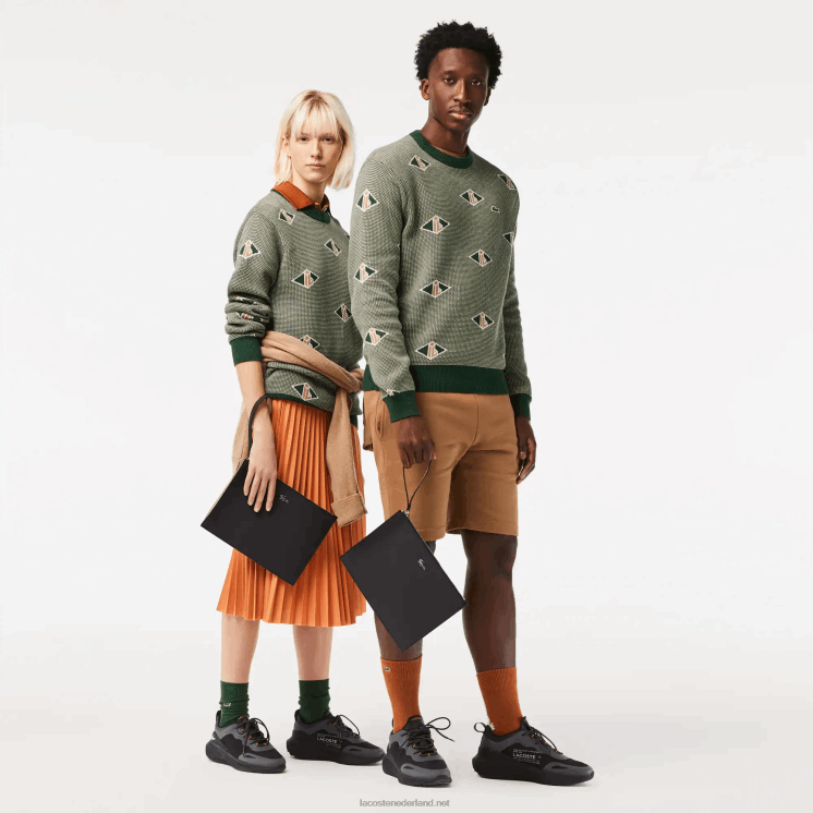 Lacoste anna gecoat piqué canvas clutch met ritssluiting 0828H2817 zwarte krema a91 vrouwen