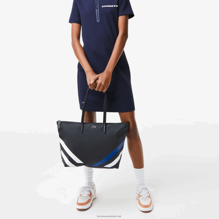 Lacoste boodschappentas met strepen in contrasterende kleuren 0828H2890 noir marina blanc k35 vrouwen
