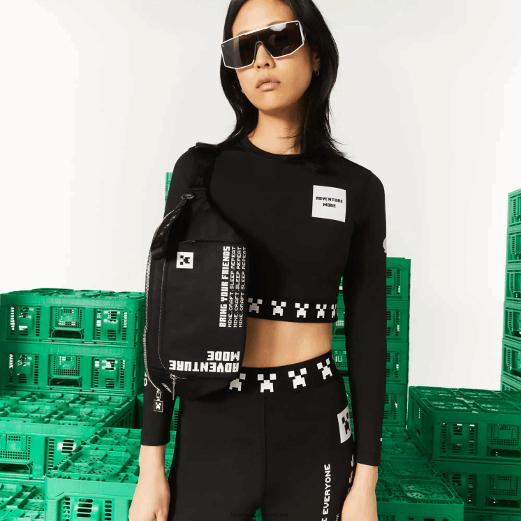 lacoste x minecraft lichtgewicht nylon heuptasje met ritssluiting 0828H2849 minecraft zwart wit k00 vrouwen