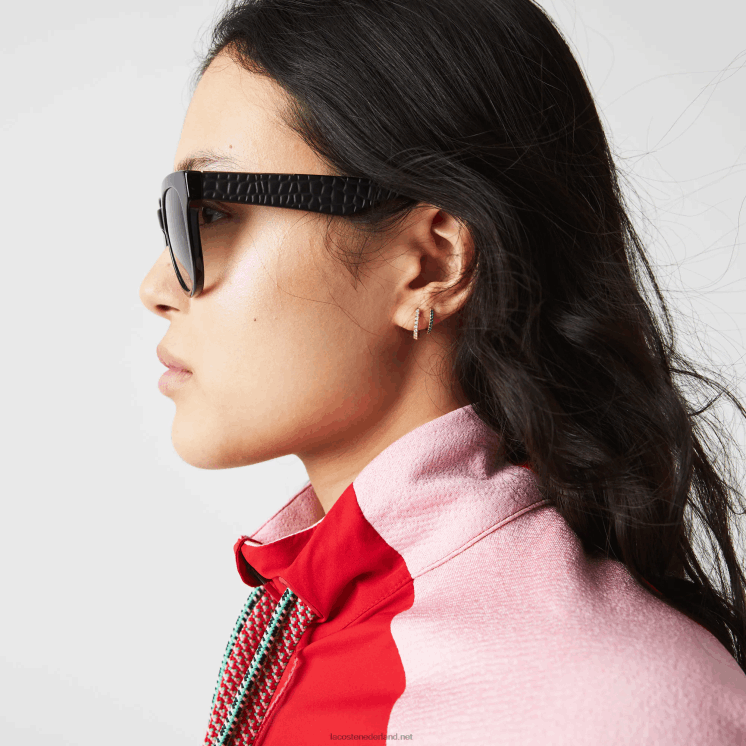 Lacoste ovale zonnebril van acetaat met krokodillenleer 0828H2920 matzwart 001 vrouwen