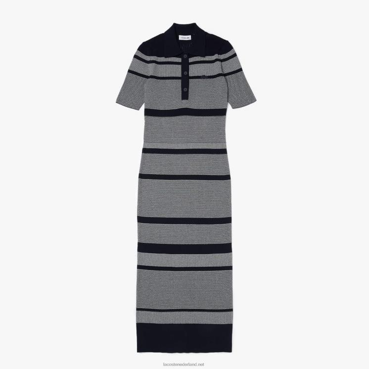 Lacoste gestreepte halflange polojurk van gebreide katoenmix 0828H2509 zwart/wit hh vrouwen
