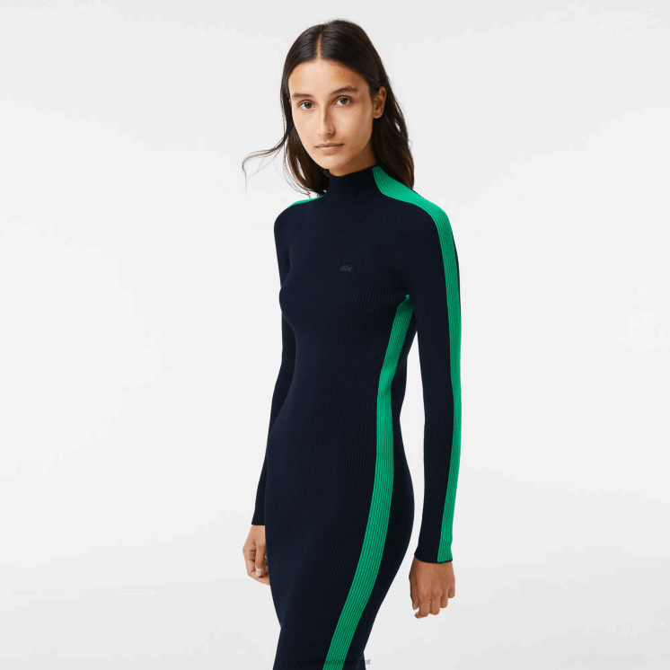 Lacoste naadloos gebreide jurk met contrasterende band 0828H2485 marineblauw groen 9eq vrouwen