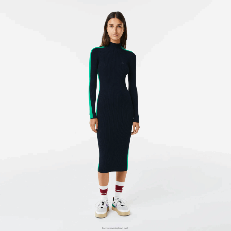 Lacoste naadloos gebreide jurk met contrasterende band 0828H2485 marineblauw groen 9eq vrouwen