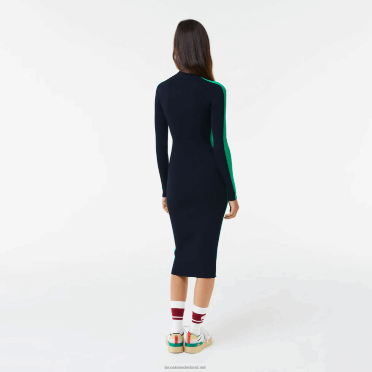 Lacoste naadloos gebreide jurk met contrasterende band 0828H2485 marineblauw groen 9eq vrouwen