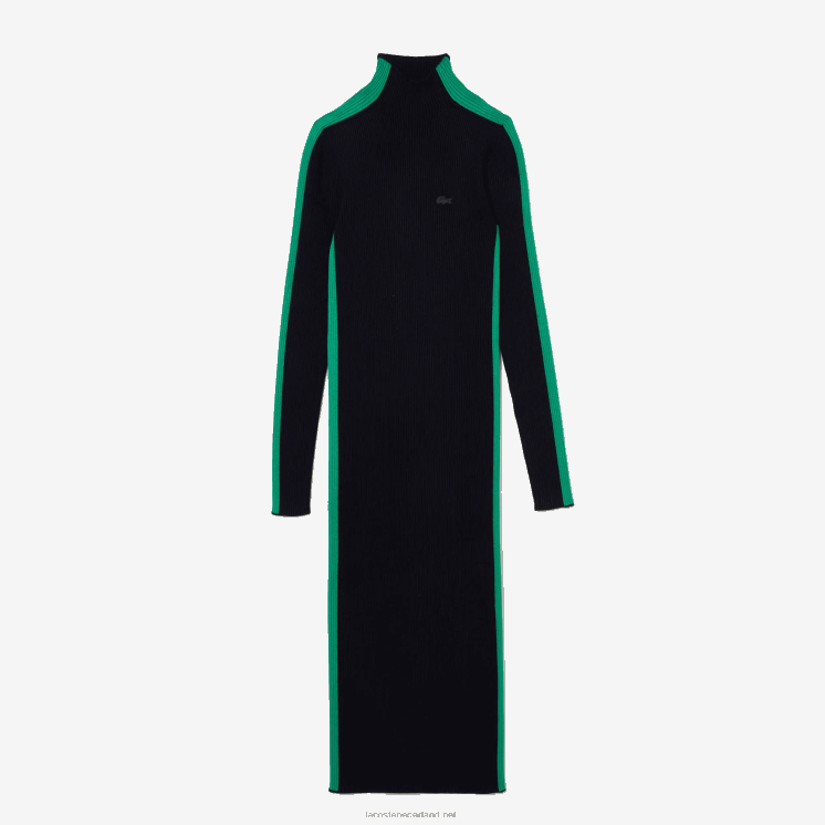 Lacoste naadloos gebreide jurk met contrasterende band 0828H2485 marineblauw groen 9eq vrouwen