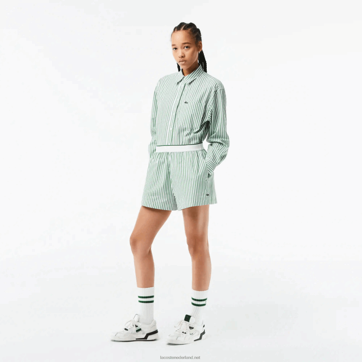 Lacoste gestreepte katoenen popeline short 0828H2455 wit kaki groen vi4 vrouwen
