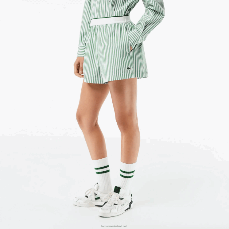 Lacoste gestreepte katoenen popeline short 0828H2455 wit kaki groen vi4 vrouwen