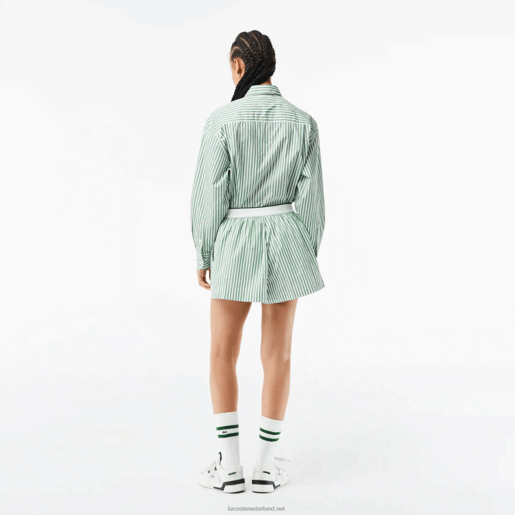 Lacoste gestreepte katoenen popeline short 0828H2455 wit kaki groen vi4 vrouwen