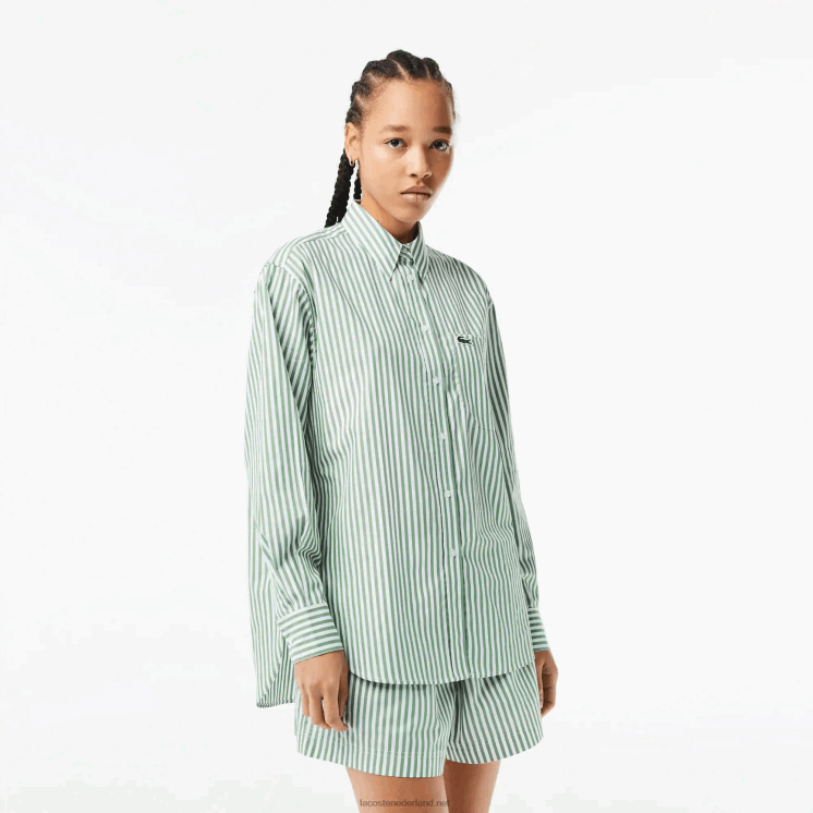 Lacoste gestreept katoenen popeline overhemd 0828H2448 wit kaki groen vi4 vrouwen